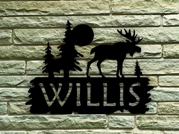Rustic Moose Themed Custom Name Steel House Sign - Northeast Country Store