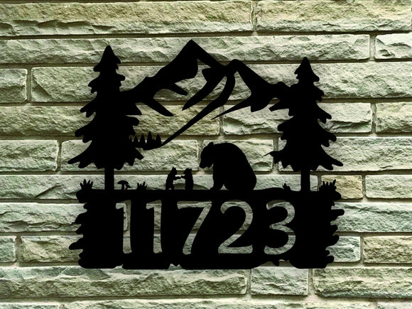Bear Scene Themed Custom Number Steel House Sign - Northeast Country Store