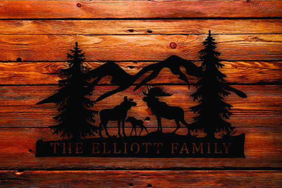 Moose Family Scene Themed Steel Wall Art Sign - Northeast Country Store