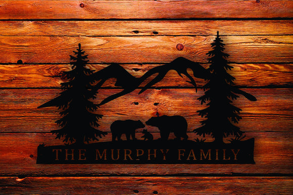 Bear Custom Name Family Scene Themed Steel Wall Art Sign - Northeast Country Store