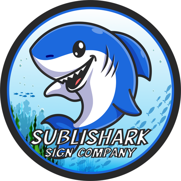 Sublishark logo with cartoon shark in ocean scene with school of fish and seaweed.