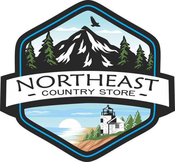 Northeast Country Store logo with mountain and eagle scene on top and lighthouse ocean scene on bottom.