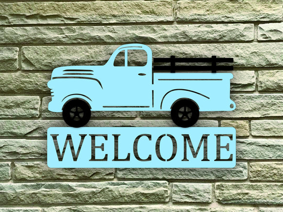 Blue Vintage Truck Welcome Steel House Sign - Northeast Country Store