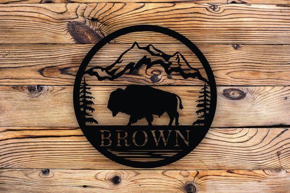 Round Buffalo Scene Personalized Metal Wall Art Hanging Sign - Northeast Country Store