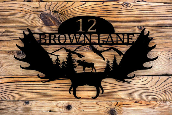 Moose Antler Personalized Custom Address House Number Cabin Steel Wall Art Sign - Northeast Country Store